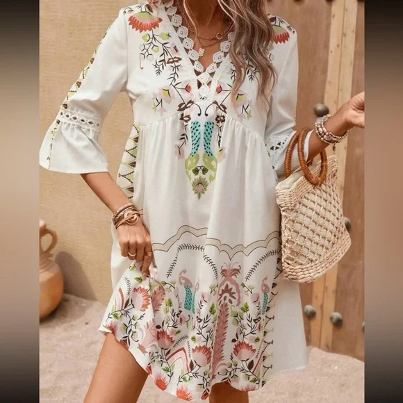 Boho Floral Peacock Print Guipure Crochet Lace Flounce Sleeve Dress - Picture 4 of 6